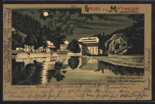 Mondschein-Lithographie Mittweida, Lauenhainer Mühle, Gebäudepanorama u. Felsen, Ansicht vom Wasser aus