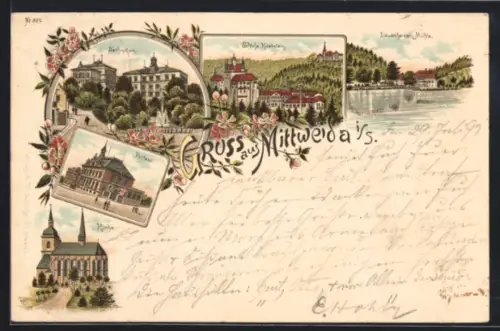 Lithographie Mittweida i. S., Gasthaus Lauenheiner Mühle, Technikum, Postamt