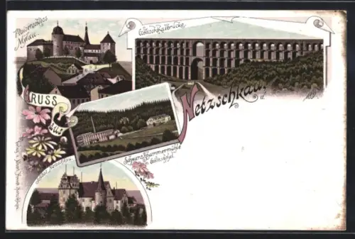 Lithographie Netzschkau, Kaiserschloss, Schwarzhammermühle und Göltzschtalbrücke