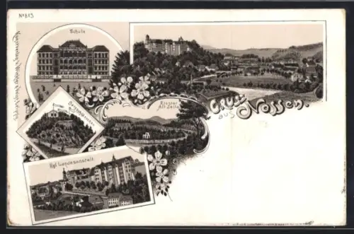 Lithographie Nossen, Ortsansicht mit Schule und Kloster Alt Zella