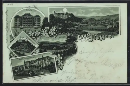 Mondschein-Lithographie Nossen, Gasthaus Bergschlösschen, Kgl. Landesanstalt, Schule, Gesamtansicht