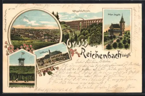 Lithographie Reichenbach i. V., Ortsansicht, Gasthaus Schöne Aussicht