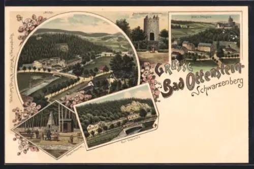 Lithographie Bad Ottenstein, Ortsansicht, Fürstenbrunnen und Aussichtsturm