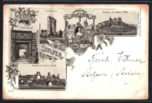 Lithographie Stolpen, Gräfin Cosel, Coselturm, Schlossportal, Blick zum Ort im Jahre 1758