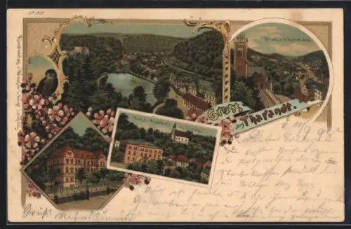 Lithographie Tharandt, Kurhaus Dr. Haupt, Forstacademie und Kirche, Ortsansicht