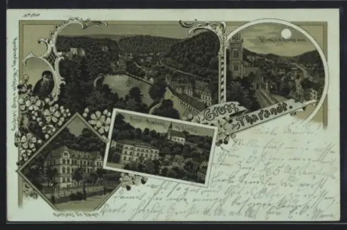 Mondschein-Lithographie Tharandt, Kurhaus Dr. Haupt, Forst-Akademie m. Kirche, Ortsansicht