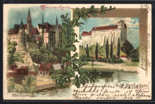 Lithographie Wettin, Partie an der Albrechtsburg