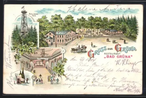 Lithographie Grüna, Restaurant Bad Grüna mit Garten und Saal