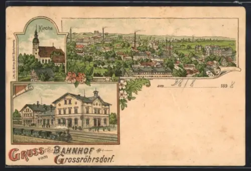 Lithographie Grossröhrsdorf, Dampflok im Bahnhof, Kirche, Blick über den Ort