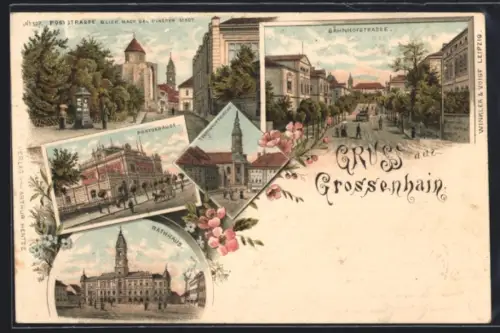 Lithographie Grossenhain, bahnhofstrasse, in der Poststrasse, das Postgebäude, Stadthauptkirche, am rathaus