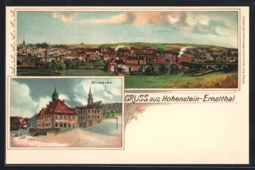 Lithographie Hohenstein-Ernstthal, Ortspanorama, Partie am Altmarkt mit Gasthaus Zum Rathskeller