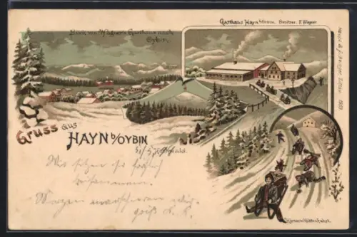 Winter-Lithographie Hayn b. Oybin, Gasthaus Hayn, Bes. F. Wagner, Personen auf Schlitten im Schnee