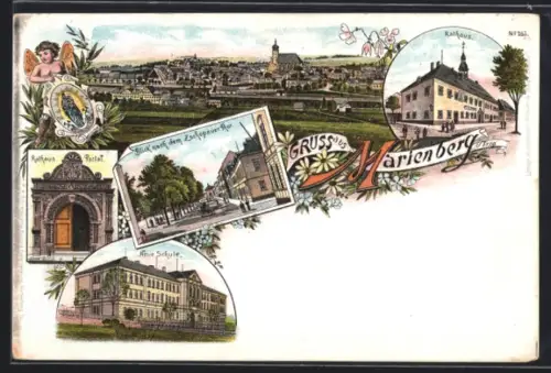 Lithographie Marienberg, Ortsansicht, Rathausportal, Neue Schule, Rathaus, Blick nach dem Zschopauer Thor