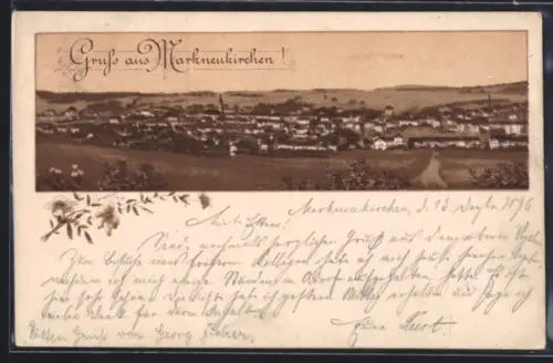Lithographie Markneukirchen, Ortspanorama mit Kirche
