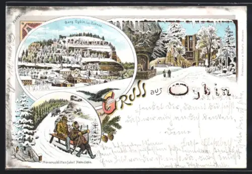 Lithographie Oybin, Burg Oybin im Schnee, Hörnerschlittenfahrt Hain-Oybin