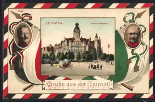 Grusskarten-AK Leipzig, Neues Rathaus, Porträt Kaiser Wilhelm II