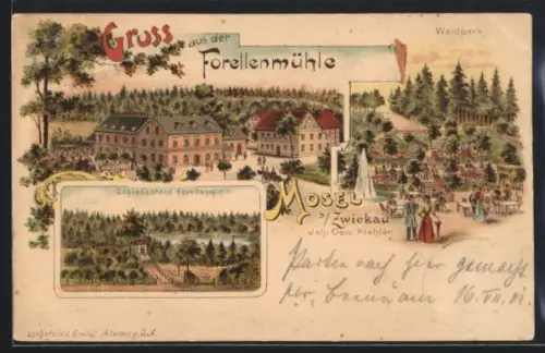 Lithographie Mosel b. Zwickau, Gasthof Forellenmühle, Schiessstand, Waldpark