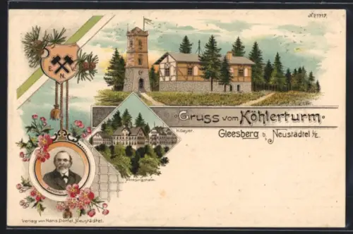Lithographie Gleesberg b. Neustädtel, Köhlerturm, Genesungsheim v. Dr. Köhler