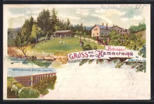 Künstler-AK Netzschkau /Th., Hammermühle mit Garten und Gästen, Göltzschthalbrücke