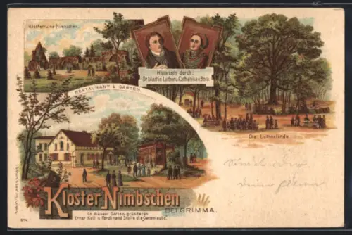 Lithographie Grimma, Klosterruine Nimbschen, Restaurant und Partie an der Lutherlinde