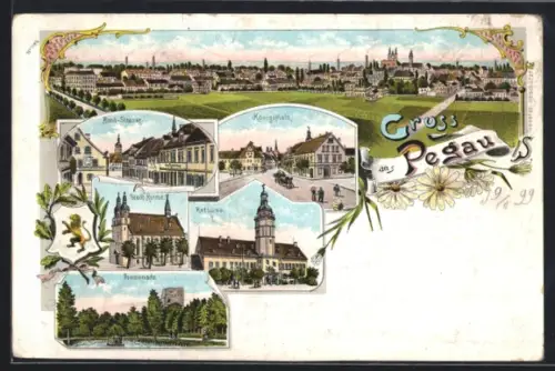 Lithographie Pegau, Breit-Strasse, Rathaus, Königsplatz, Panorama