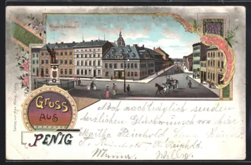 Lithographie Penig, Marktplatz mit Kriegerdenkmal