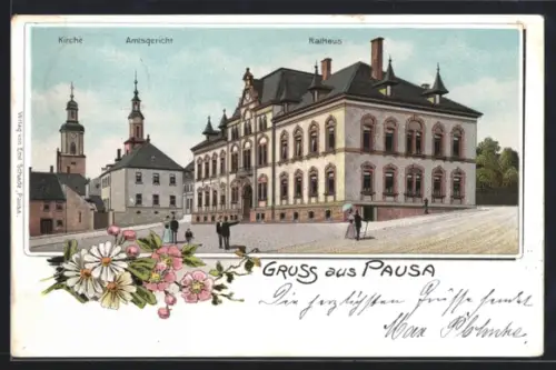 Lithographie Pausa, Kirche, Amtsgericht und Rathaus