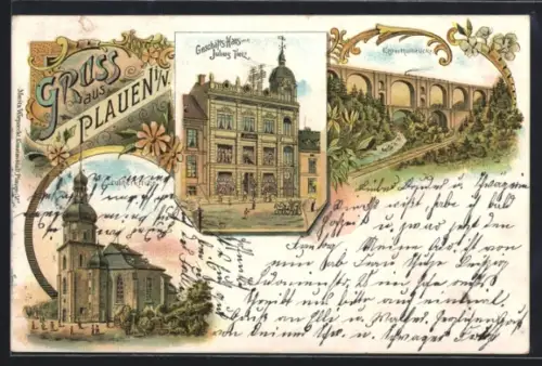 Lithographie Plauen i. V., Geschäftshaus von Julius Tietz, Elsterthalbrücke, Lutherkirche