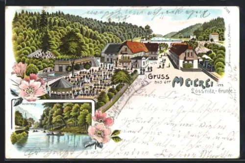 Lithographie Lössnitz-Grund, Meierei am Wald, Gondelteich