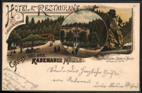 Lithographie Rabenau / Sachsen, Hotel & Restaurant Rabenauer Mühle, Bastey mit Eisenbahn