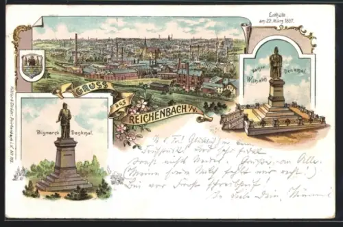 Lithographie Reichenbach, Bismarck-Denkmal, Kaiser Wilhelm-Denkmal, Gesamtansicht