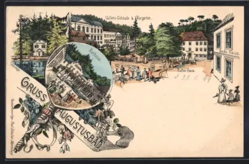 Lithographie Augustusbad, Kurhaus, Galerie-Gebäude und Kurgarten, Kaffee-Haus, Eremitage