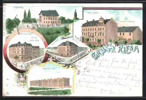 Lithographie Riesa, Hotel Höpfner, Restaurant Gambrinus, Gasthaus goldener Löwe, Schützenhaus