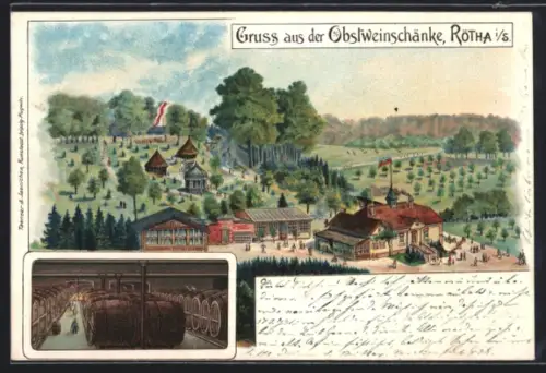 Lithographie Rötha i. S., Gasthaus Obstweinschänke, Innenansicht Keller mit Fässern