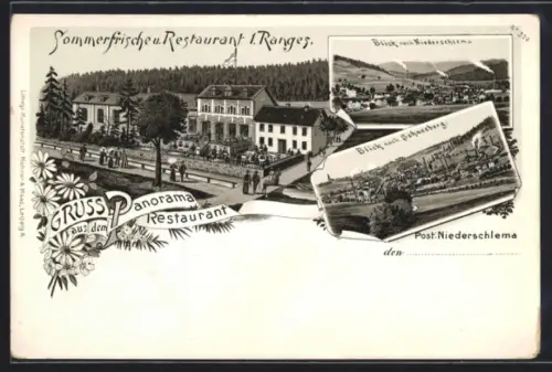 Lithographie Niederschlema, Panorama-Restaurant, Blick nach Niederschlema und nach Schneeberg
