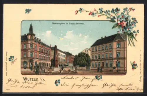 Lithographie Wurzen i. S., Wettinerplatz mit Siegesdenkmal