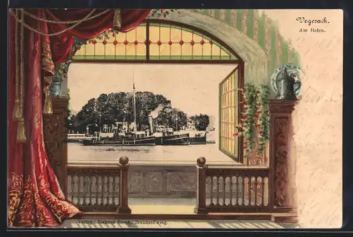 Passepartout-Lithographie Vegesack, Dampfer im Hafen im Passepartout mit Fenster