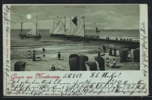 Mondschein-Lithographie Norderney, Strandpartie mit Segelschiffen