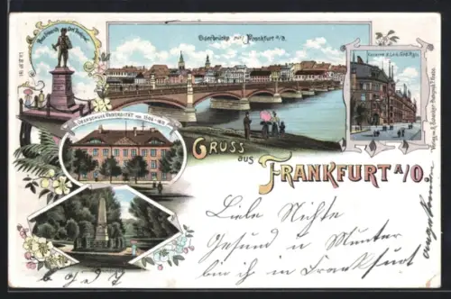 Lithographie Frankfurt a. O., Oderbrücke, Oberschule Universität, Kaserne d. Leib. Grd. Rgts.