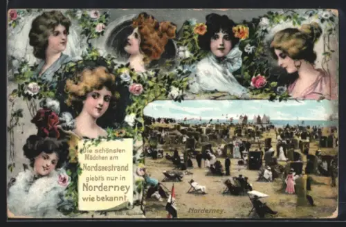 Grusskarten-AK Norderney, Strandpartie mit Porträts schöner Frauen