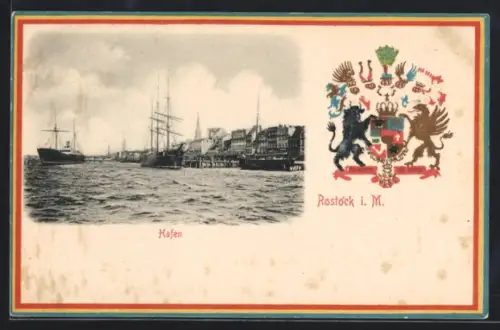 Passepartout-Lithographie Rostock i. M., Hafenansicht mit Booten, Wappen