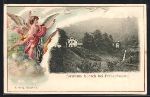 Passepartout-Lithographie Isenach bei Frankenstein, Forsthaus im Passepartout mit Engel