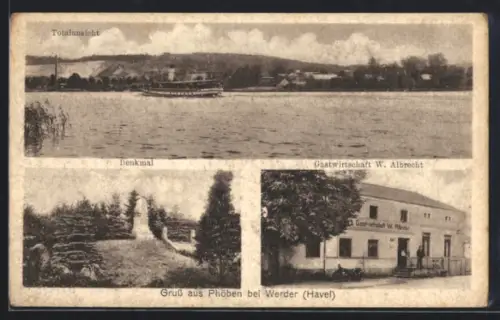 AK Phöben bei Werder, Gasthaus W. Albrecht, Denkmal, Seeblick