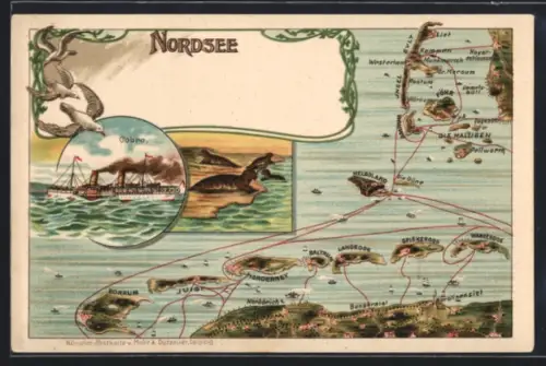 Lithographie Helgoland, Dampfer Cobra, Umgebung aus der Vogelschau