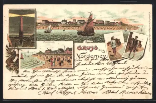 Lithographie Norderney, Westrand mit Passanten im Sommer, Leuchtturm am Abend, Strandansicht mit Segelbooten