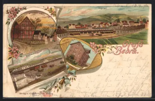 Lithographie Bebra, Bahnhof mit Güterwagen, Hotel Schlüter, Breitenbach