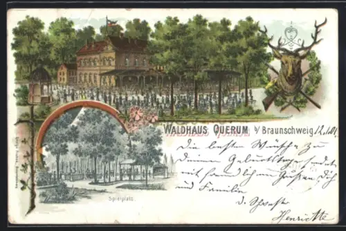 Lithographie Braunschweig, Restaurant Waldhaus Querum mit Spielplatz