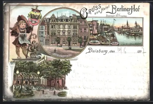 Lithographie Duisburg, Hotel Berliner Hof, Garten, Hafen