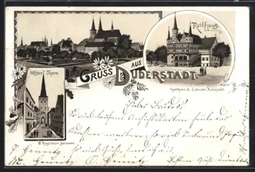 Lithographie Duderstadt, Blick zum Ort, Wester-Thurm, Rathaus, Blumen
