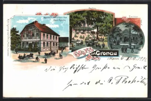 Lithographie Gronau i. Hann., Gasthaus zur grünen Aue, Inh. Carl Rahme, Garten, Pavillon